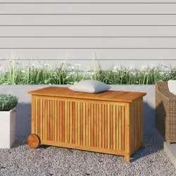 vidaXL Garden chest with wheels 113 x 50 x 58 cm solid wood (319712) vidaXL Garden chest with wheels 113 x 50 x 58 cm solid wood (319712)