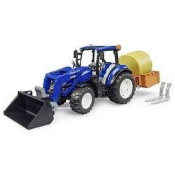 Bruder New Holland T5.120 with front loader, loading box, forks and round bale Bruder New Holland T5.120 with front loader, loading box, forks and round bale